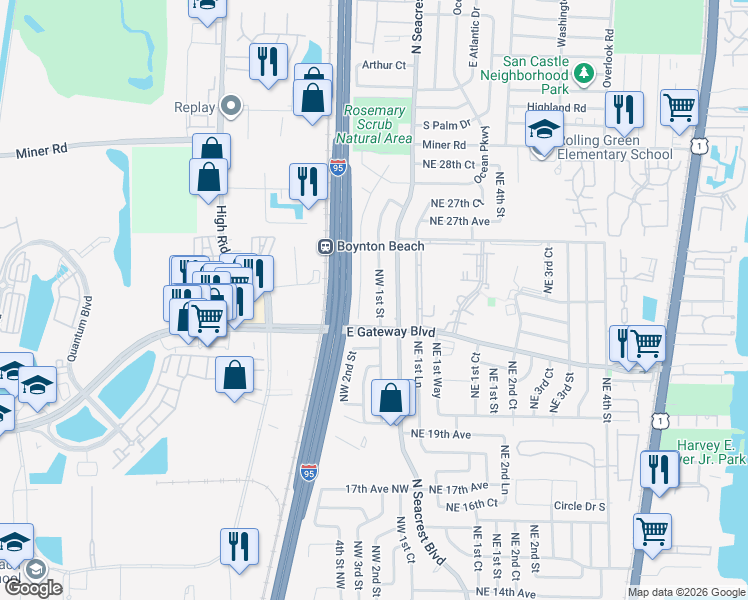 map of restaurants, bars, coffee shops, grocery stores, and more near 2301 Northwest 1st Street in Boynton Beach