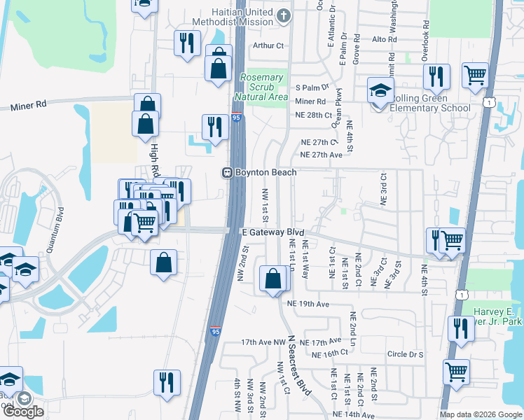 map of restaurants, bars, coffee shops, grocery stores, and more near 2301 Northwest 1st Street in Boynton Beach