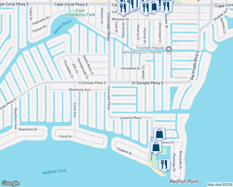 map of restaurants, bars, coffee shops, grocery stores, and more near 814 Monticello Court in Cape Coral