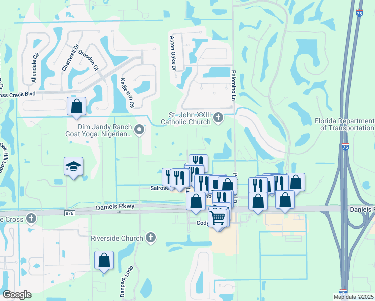 map of restaurants, bars, coffee shops, grocery stores, and more near 13179 Apaloosa Lane in Fort Myers