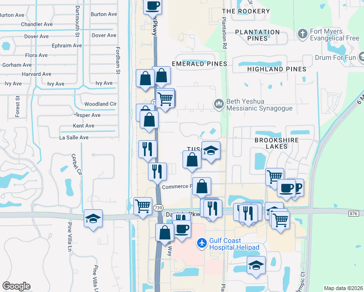 map of restaurants, bars, coffee shops, grocery stores, and more near 6481 Aragon Way in Fort Myers
