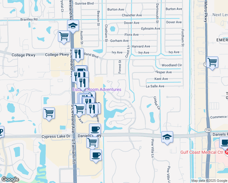 map of restaurants, bars, coffee shops, grocery stores, and more near 105 Pinebrook Drive in Fort Myers