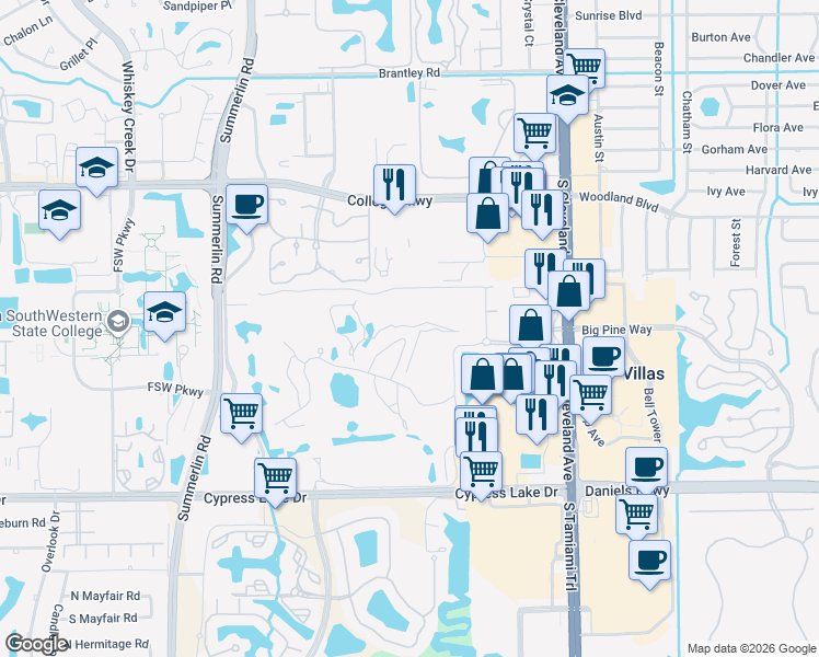 map of restaurants, bars, coffee shops, grocery stores, and more near 1717 Bent Tree Circle in Fort Myers