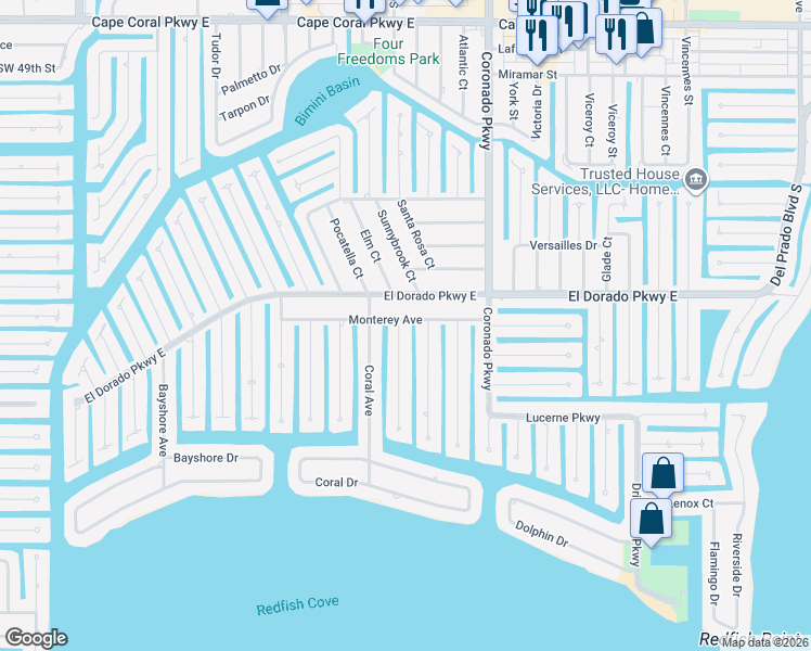 map of restaurants, bars, coffee shops, grocery stores, and more near 5301 Darby Court in Cape Coral