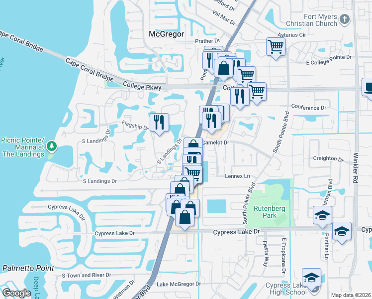 map of restaurants, bars, coffee shops, grocery stores, and more near 4414 South Landings Drive in Fort Myers