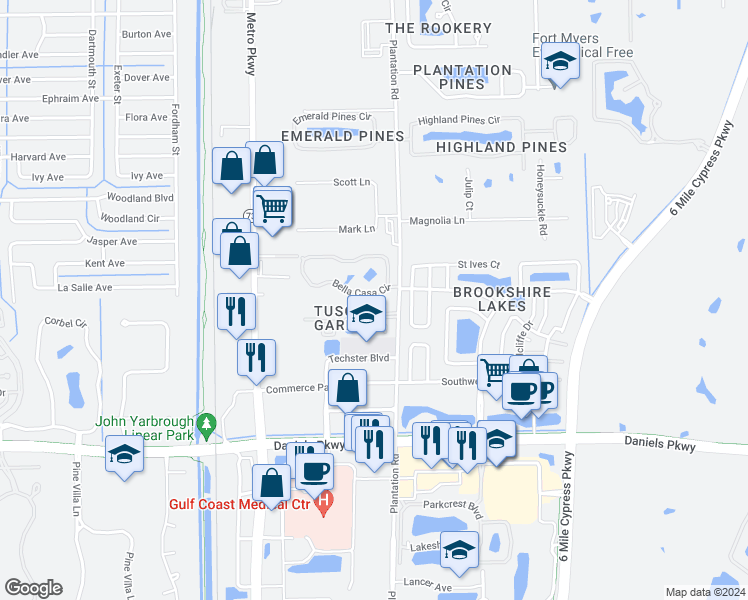 map of restaurants, bars, coffee shops, grocery stores, and more near 6450 Aragon Way in Fort Myers