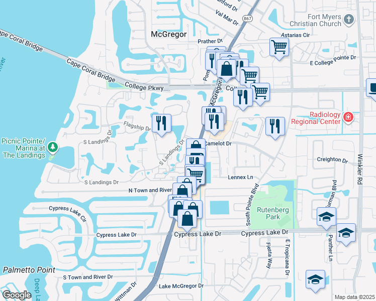 map of restaurants, bars, coffee shops, grocery stores, and more near 4414 South Landings Drive in Fort Myers