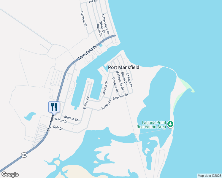 map of restaurants, bars, coffee shops, grocery stores, and more near Baffin Dr in Port Mansfield