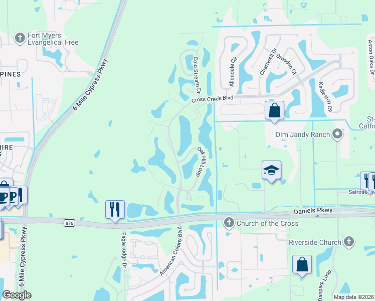 map of restaurants, bars, coffee shops, grocery stores, and more near 13234 Oak Hill Loop in Fort Myers