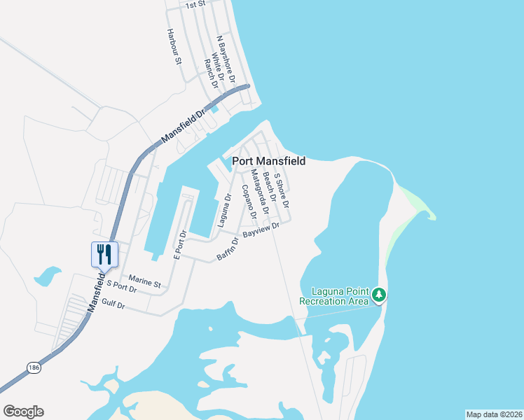 map of restaurants, bars, coffee shops, grocery stores, and more near 207-213 Matagorda Dr in Port Mansfield