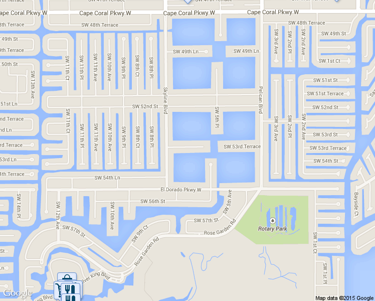 map of restaurants, bars, coffee shops, grocery stores, and more near 704 Southwest 53rd Terrace in Cape Coral