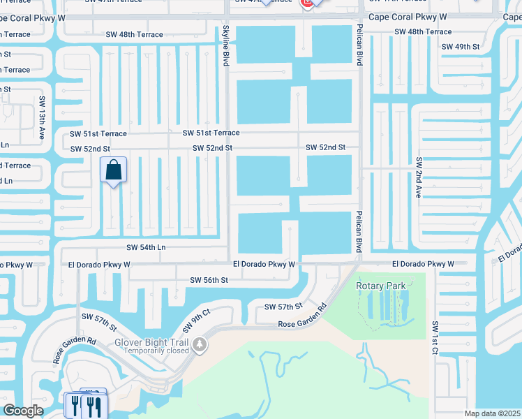 map of restaurants, bars, coffee shops, grocery stores, and more near 704 Southwest 53rd Terrace in Cape Coral