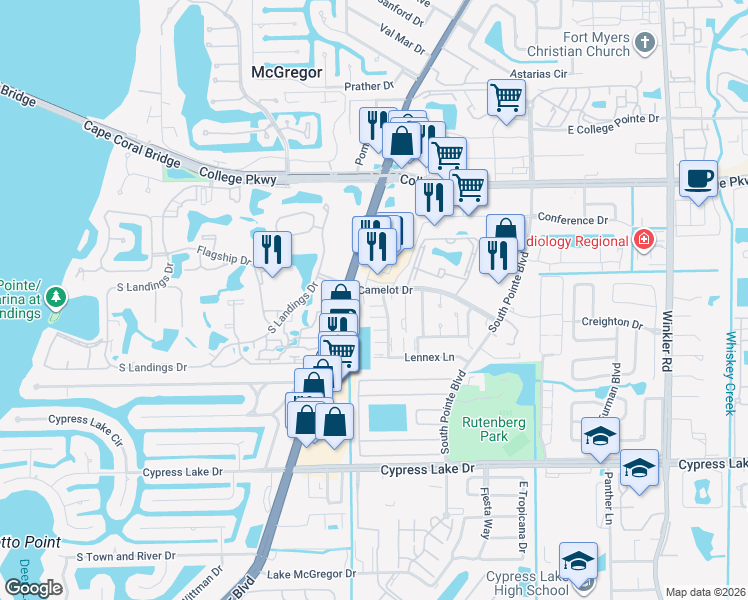 map of restaurants, bars, coffee shops, grocery stores, and more near 13126 Feather Sound Drive in Fort Myers