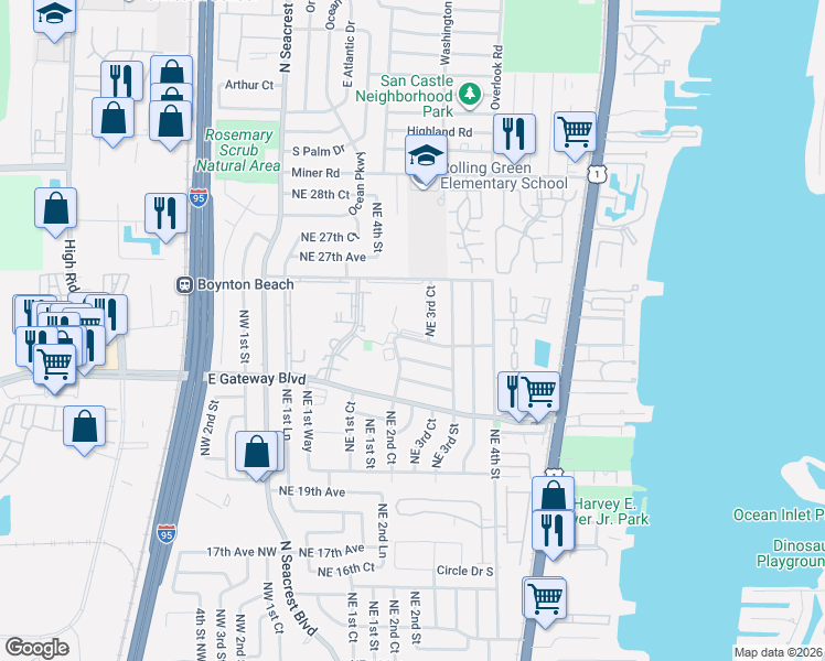 map of restaurants, bars, coffee shops, grocery stores, and more near 2420 Northeast 2nd Court in Boynton Beach