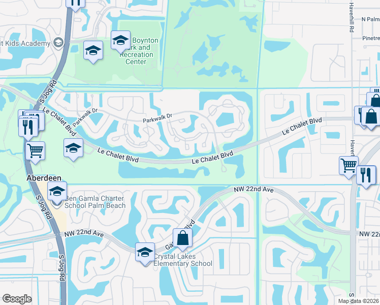 map of restaurants, bars, coffee shops, grocery stores, and more near 5854 Parkwalk Circle East in Boynton Beach