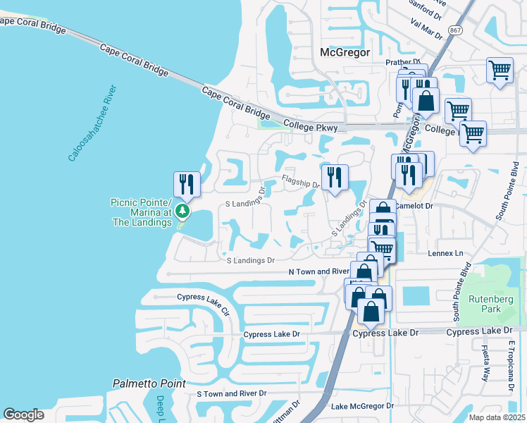 map of restaurants, bars, coffee shops, grocery stores, and more near C Trawler Court in Fort Myers