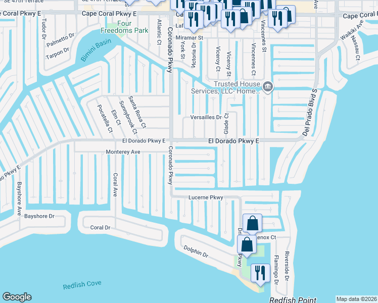 map of restaurants, bars, coffee shops, grocery stores, and more near 814 Monticello Court in Cape Coral