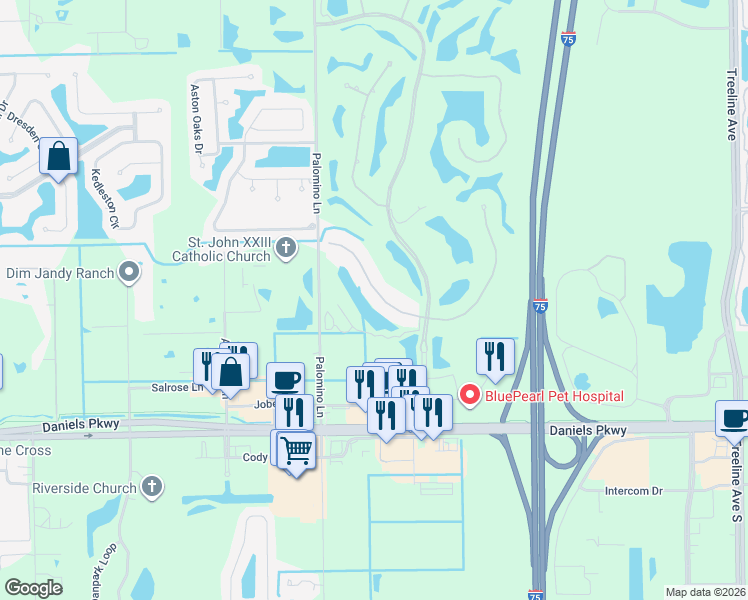map of restaurants, bars, coffee shops, grocery stores, and more near 13191 Palomino Lane in Fort Myers