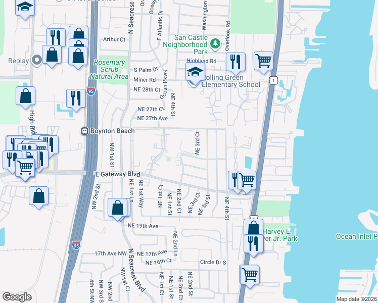 map of restaurants, bars, coffee shops, grocery stores, and more near 2601 Northeast 3rd Court in Boynton Beach