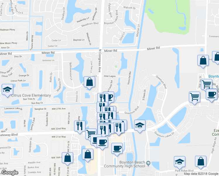 map of restaurants, bars, coffee shops, grocery stores, and more near Vía De Casas Sur in Boynton Beach