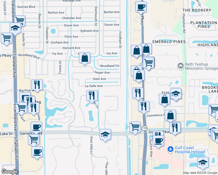 map of restaurants, bars, coffee shops, grocery stores, and more near 13141 Ponderosa Way in Fort Myers