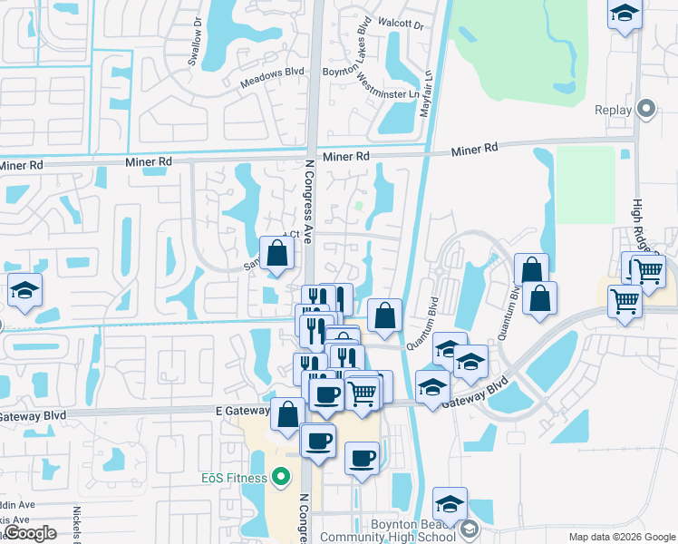 map of restaurants, bars, coffee shops, grocery stores, and more near Vía De Casas Sur in Boynton Beach