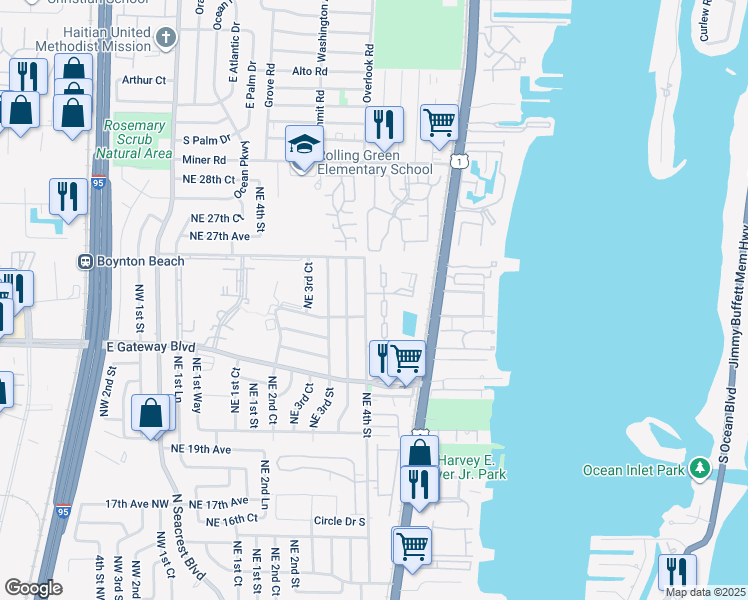 map of restaurants, bars, coffee shops, grocery stores, and more near 1 Crossings Circle in Boynton Beach