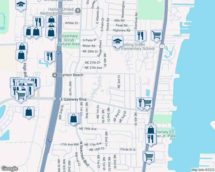 map of restaurants, bars, coffee shops, grocery stores, and more near 2515 Northeast 2nd Court in Boynton Beach
