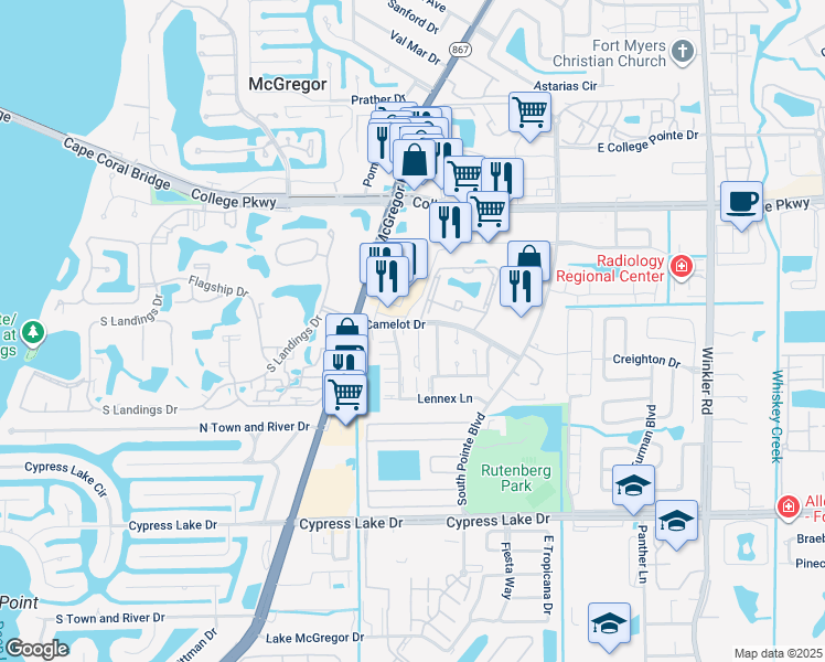 map of restaurants, bars, coffee shops, grocery stores, and more near 9421 Camelot Drive in Fort Myers