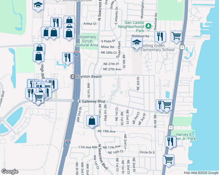 map of restaurants, bars, coffee shops, grocery stores, and more near 230 Northeast 26th Avenue in Boynton Beach