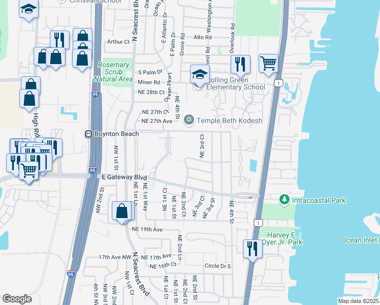 map of restaurants, bars, coffee shops, grocery stores, and more near 2515 Northeast 2nd Court in Boynton Beach