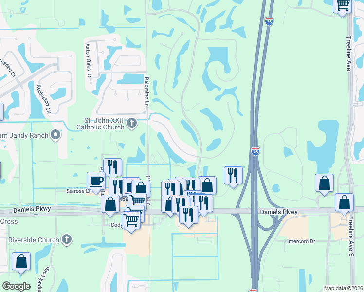 map of restaurants, bars, coffee shops, grocery stores, and more near 9280 Triana Terrace in Fort Myers