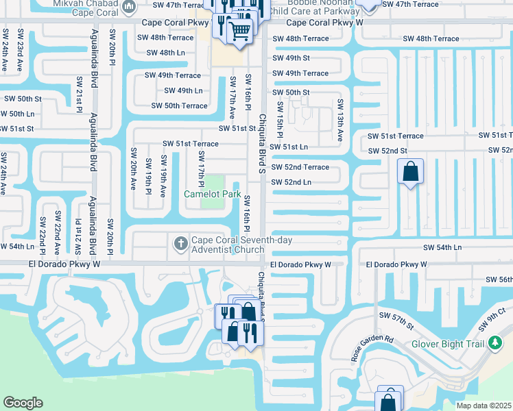map of restaurants, bars, coffee shops, grocery stores, and more near 5308 Chiquita Boulevard South in Cape Coral