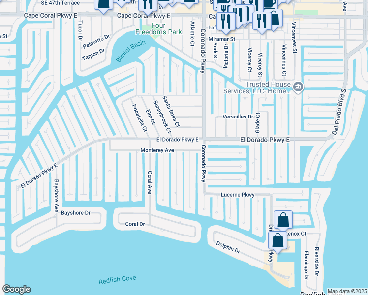 map of restaurants, bars, coffee shops, grocery stores, and more near 712 El Dorado Parkway East in Cape Coral