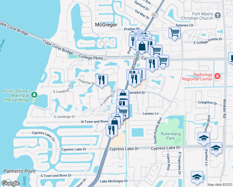 map of restaurants, bars, coffee shops, grocery stores, and more near 4386 Jib Boom Court in Fort Myers