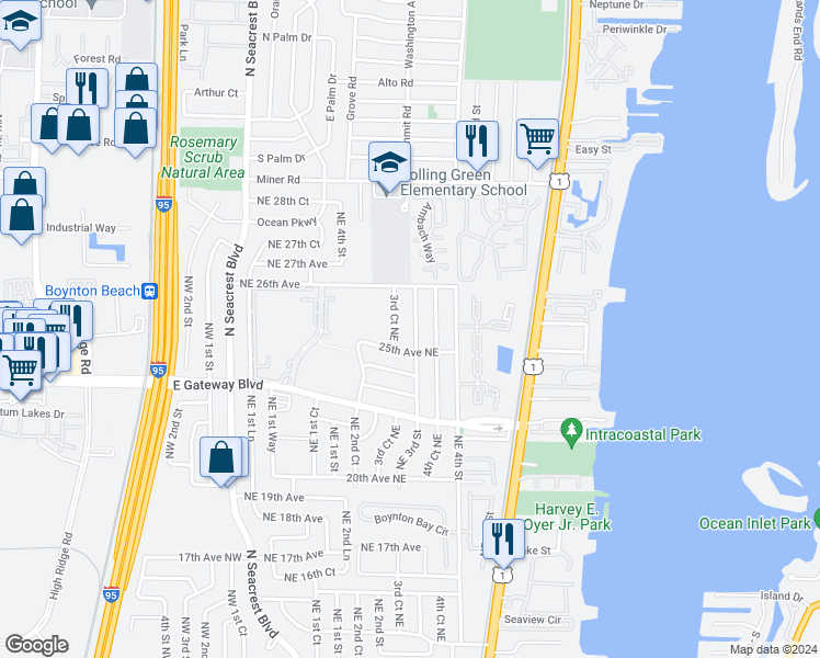 map of restaurants, bars, coffee shops, grocery stores, and more near 2621 Northeast 3rd Street in Boynton Beach