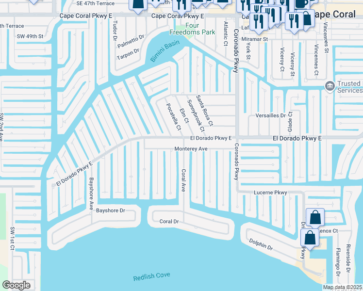 map of restaurants, bars, coffee shops, grocery stores, and more near 450 El Dorado Parkway East in Cape Coral