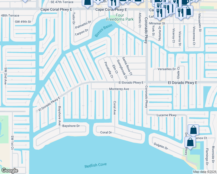 map of restaurants, bars, coffee shops, grocery stores, and more near 439 Monterey Avenue in Cape Coral