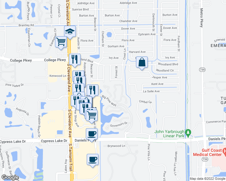 map of restaurants, bars, coffee shops, grocery stores, and more near 13196 Tall Pine Circle in Fort Myers