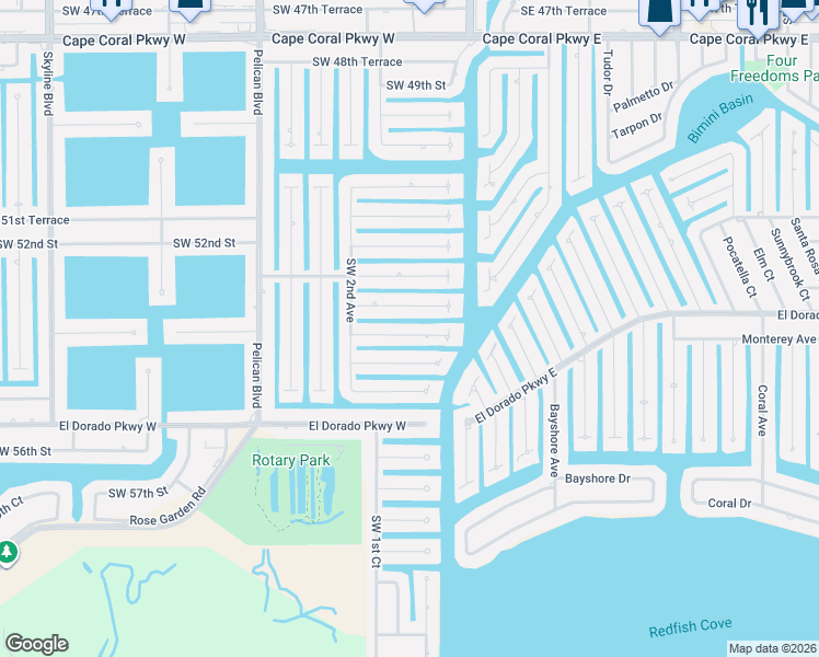 map of restaurants, bars, coffee shops, grocery stores, and more near 135 Southwest 53rd Terrace in Cape Coral