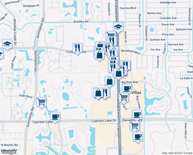 map of restaurants, bars, coffee shops, grocery stores, and more near 1828 Pine Valley Drive in Fort Myers