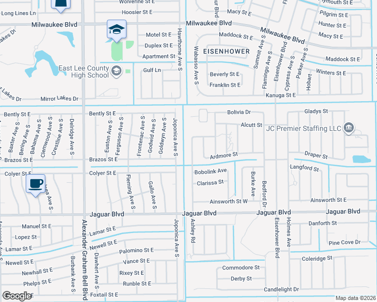 map of restaurants, bars, coffee shops, grocery stores, and more near 734 Ashley Road in Lehigh Acres