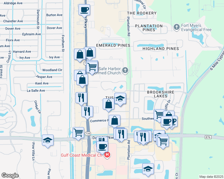 map of restaurants, bars, coffee shops, grocery stores, and more near 13100 Bella Casa Circle in Fort Myers