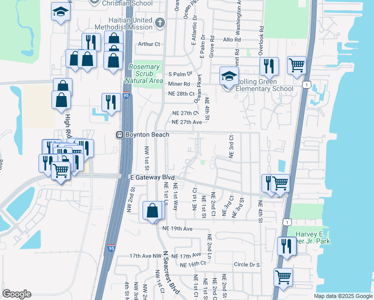 map of restaurants, bars, coffee shops, grocery stores, and more near 2400 Northeast 1st Lane in Boynton Beach