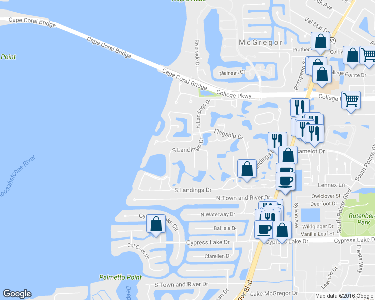 map of restaurants, bars, coffee shops, grocery stores, and more near 4705 South Landings Drive in Fort Myers