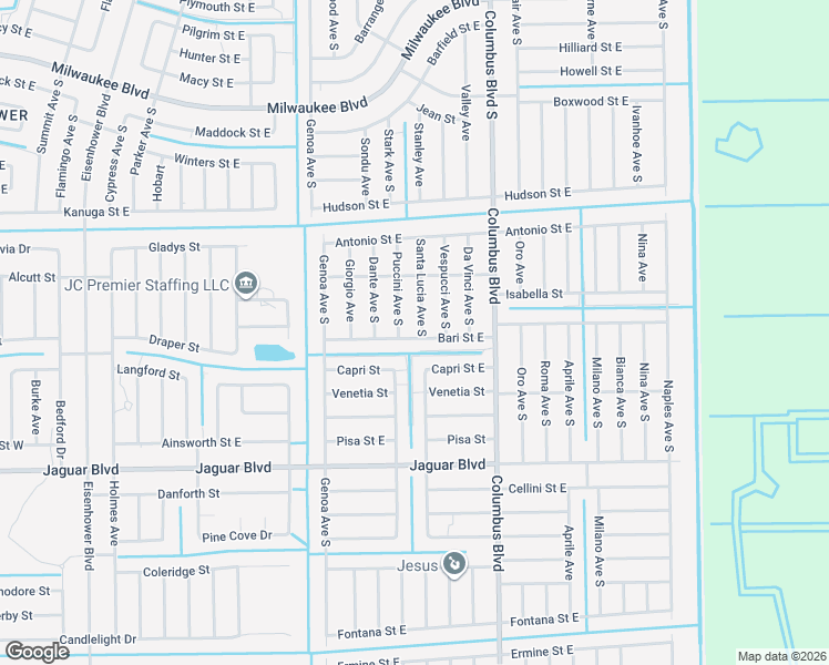 map of restaurants, bars, coffee shops, grocery stores, and more near 727 Puccini Avenue South in Lehigh Acres