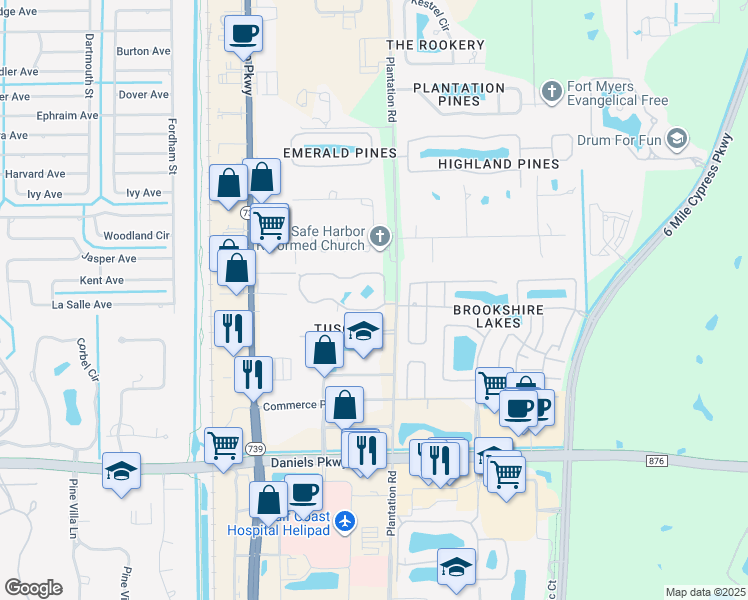 map of restaurants, bars, coffee shops, grocery stores, and more near 13100 Bella Casa Circle in Fort Myers
