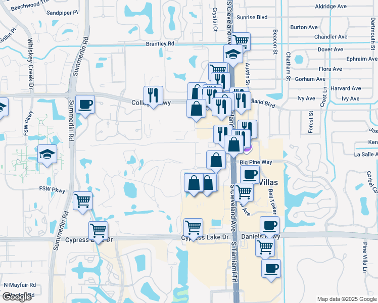 map of restaurants, bars, coffee shops, grocery stores, and more near 1828 Pine Valley Drive in Fort Myers