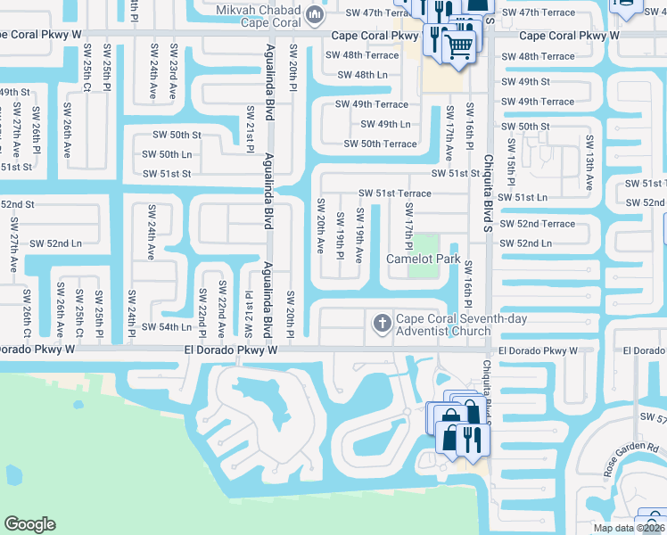map of restaurants, bars, coffee shops, grocery stores, and more near 5249 Southwest 19th Place in Cape Coral