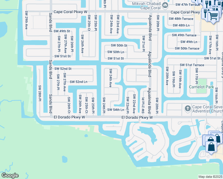 map of restaurants, bars, coffee shops, grocery stores, and more near 2318 SW 53rd St in Cape Coral
